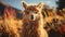 A cute alpaca grazes on a rural farm at sunset generated by AI