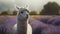 Cute alpaca with purple wool grazing in green meadow generated by AI