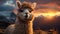 A cute alpaca smiles, looking at camera, in snowy mountains generated by AI