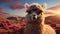 Cute alpaca smiling, looking at camera, in beautiful mountain landscape generated by AI