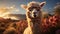 Cute alpaca smiling, looking at camera, in beautiful rural landscape generated by AI