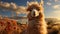 Cute alpaca smiling, looking at camera in beautiful rural landscape generated by AI