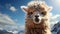 A cute alpaca in the snowy mountains, looking at camera generated by AI