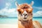 cute alpaca with sunglasses on beach AI generated