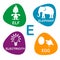 Cute alphabet in vector. E letter for Elf, Elephant, Electricity and Egg.