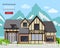Cute alpine chalet facade. Graphic private house with Mountains background.