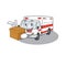 Cute ambulance cartoon character having a box
