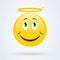 Cute angel emoticon vector illustration. Smiling face with angel halo emoji