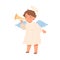 Cute angel with halo and wings blowing in trumpet. Herald boy holding music instrument. Childish colored flat vector