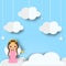 Cute angel standing on clouds in heaven. Background in paper cut, paper craft style