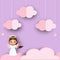 Cute angel standing on pink clouds in violet heaven. Background in paper cut, paper craft style for kids and nursery