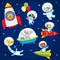 Cute animal astronauts, spacemen flying in rockets, space suits, ufo