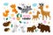Cute animal baby and mom. Happy loving parents with kids. Wildlife forest characters cubs. Scandinavian cartoon style