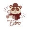 Cute animal with coffee mug sepia vector illustration. Lovely panda bear in hat and scarf with hot drink cup