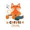 Cute animal with coffee mug vector colorful illustration. Lovely fox in scarf with coffee hot drink cup