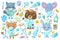 Cute animal doctors and medical tools,  clipart on white background. Face mask, gloves and hand sanitizer icon