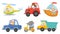 Cute animal drivers. Animal driving car, tractor and truck. Toy helicopter, sailboat and urban scooter cartoon vector