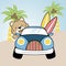 Cute animal driving car to beach carrying surfboard