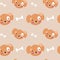 Cute animal face, dog muzzle, fluffy head seamless pattern. Childish design of wrapping paper, fabric, textile, graphic, print