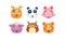 Cute animal heads set, funny faces of dog, panda bear, mouse, sheep, owl, tiger vector Illustration on a white