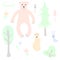 Cute animal and plant forest vector color characters set
