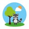 Cute animal raccoon tree and sky landscape