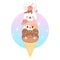 Cute animal-shaped ice cream with icing, flower and cherry. Rabbit, cat, bear. On a brilliant pink-turquoise background.