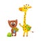 Cute animal student characters, bear holding flowers, giraffe with backpack