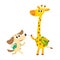 Cute animal student characters, dog and giraffe with backpacks