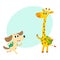 Cute animal student characters, dog and giraffe with backpacks