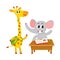Cute animal students - elephant at school desk, giraffe with backpack