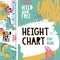 Cute animal vector height chart meter for kds with dinosaurs, volcano and various graphic elements