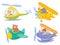 Cute animals on air transport. Animal pilot, pet in helicopter and airplane journey kids cartoon illustration set