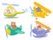 Cute animals on air transport. Animal pilot, pet in helicopter and airplane journey kids cartoon illustration set