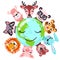 Cute animals around globe banner vector illustration. Animals planet concept, world continents fauna, world map with wild animals.