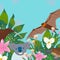 Cute animals of Australia. Kiwi, duck-billed, koala, a fruit bats with tropical leaves and flowers. Design a template card