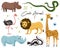 Cute animals for baby. Wild giraffe rhinoceros. ostrich and skunk. snake and hippopotamus. lion and tiger. vintage world