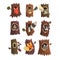Cute animals and birds sitting in hollow of tree set, hollowed out old tree and fox, owl, wolf, raccoon, woodpecker and