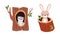 Cute animals in burrows and tree hollows set. Owl with owlets sitting in hollow, little hare peeking out of hole cartoon