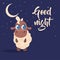 Cute animals. Cartoon adorable sheep. Moon and stars in dark sky. Good night lettering. Funny mammal. Sweet dreams. Lamb