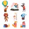Cute animals cartoon characters traveling on vacation set, wild animals and birds with backpacks and suitcases vector