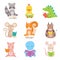 Cute Animals Characters Reading Books Set, Adorable Smart Octopus, Cow, Piglet, Squirrel, Crocodile, Chicken, Raccoon