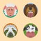 Cute animals emotions icons isolated fun set face happy character emoji comic adorable pet and expression smile