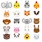 Cute animals faces. Big set of cartoon kawaii wildlife and farm animals icons