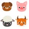 Cute animals faces. Cartoon kawaii farm pets icons