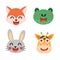 Cute animals faces set. Fox, frog rabbit and giraffe in cartoon style collection
