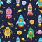 Cute animals flying in rockets seamless pattern. Background for kids with funny characters