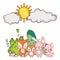 Cute animals, foxes and rabbits nature sun cartoon