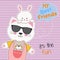 Cute animals friends, bear, cat in sunglasses and rabbit.