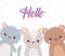 Cute animals goat bear and cat hello inscription cartoon card